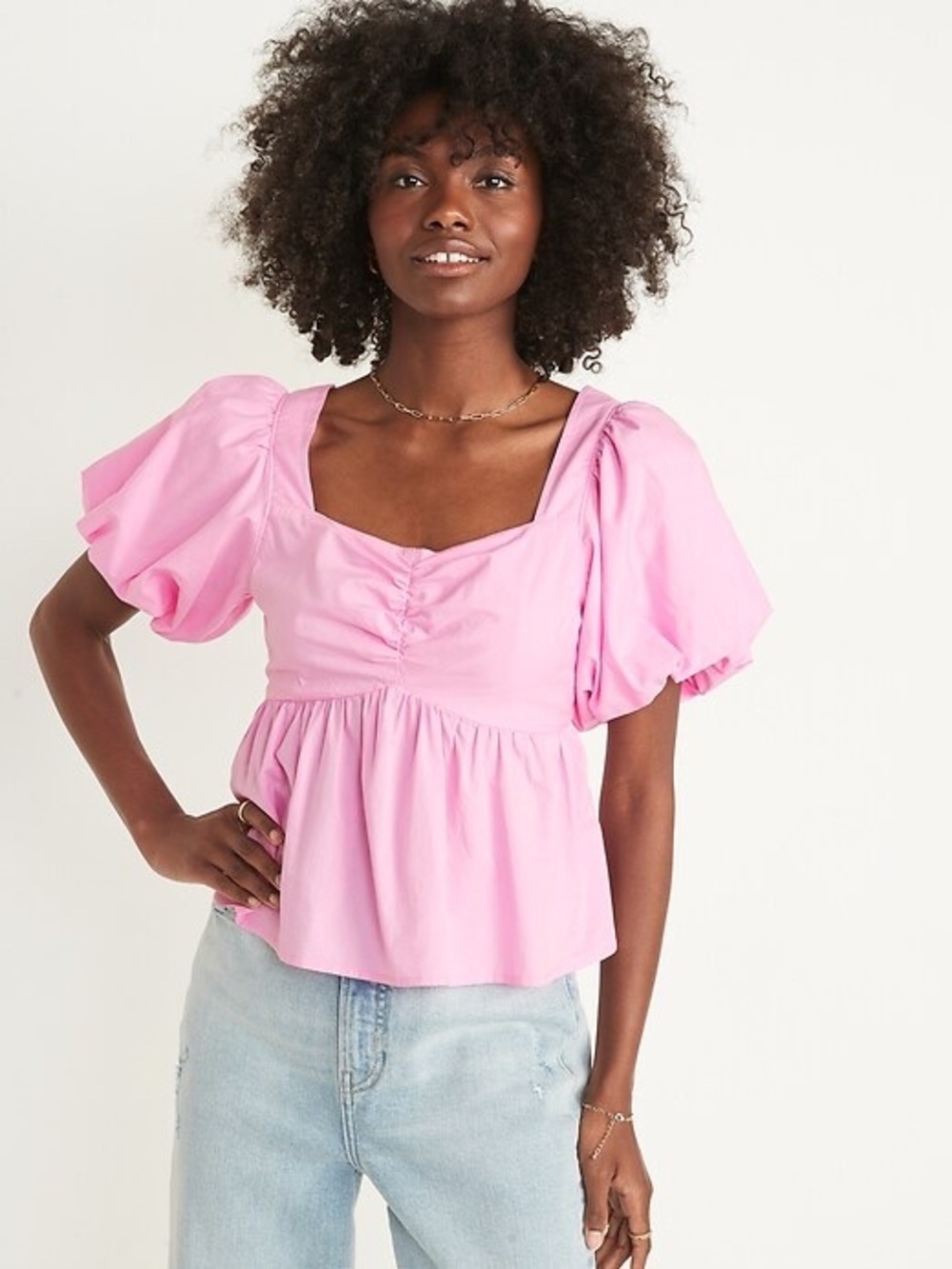Old Navy Pink Puff Sleeve Square Neck Peplum Blouse